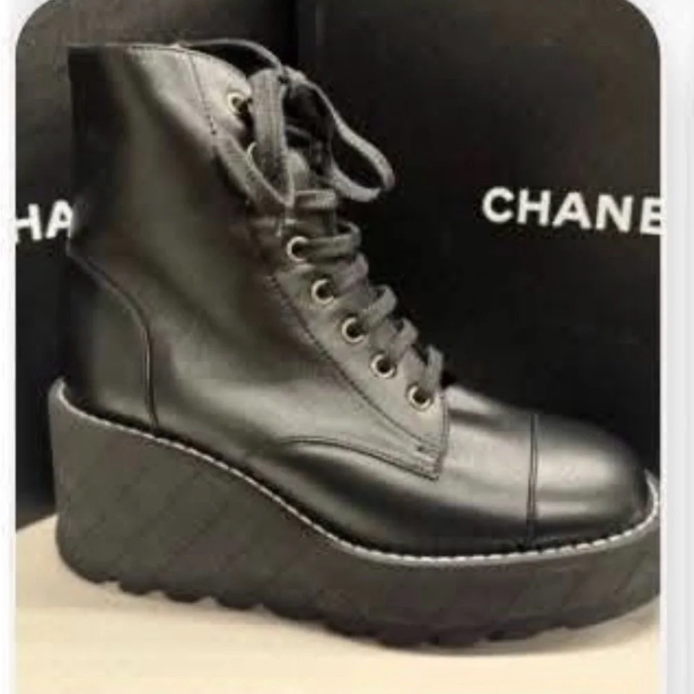“Chanel” Black Women's Platform Boots Sz 38 - Picture 1 of 6
